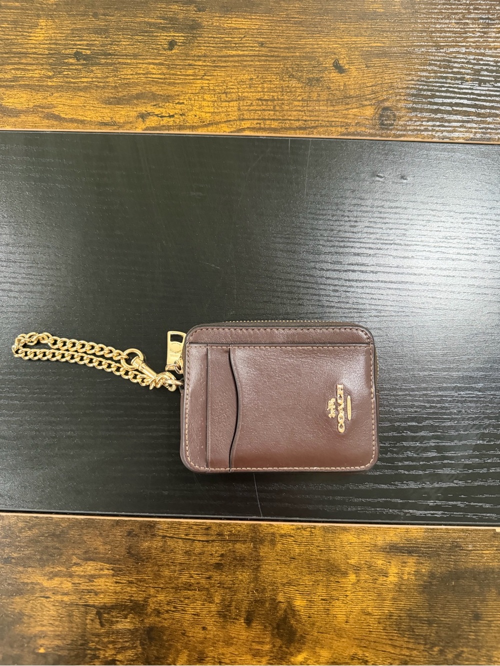 Coach Brown Leather Card Holder with Gold Chain Strap